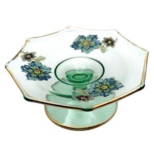Vintage Green Glass Floral Bon Bon Candy Dish Pedistal Plate Gold Trim